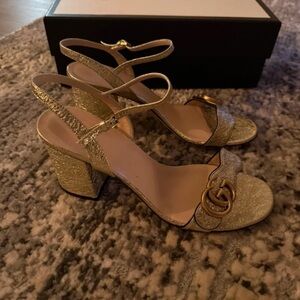 Gucci Gold Glitter Block Heel Sandals